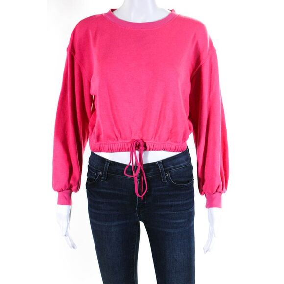 Alice + Olivia Womens Cropped Fleece Drawstring Crew Neck Sweatshirt Hot Pink XS - Picture 1 of 7